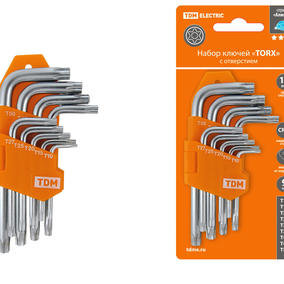 Набор ключей "TORX" с отверстием 9 шт: Т10-Т50 (держатель в блистере), CR-V сталь "Алмаз" TDM SQ1021-0102