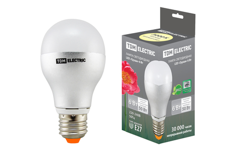 Лампа светодиодная Груша - 6 Вт - 220 В - 3000 К – E27 TDM Лампа светодиодная Груша - 6 Вт - 220 В - 3000 К – E27 TDM