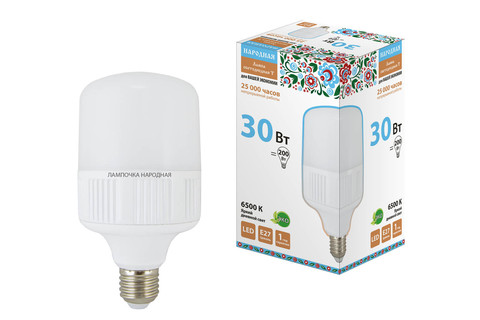 Лампа светодиодная T-30 Вт-230 В-6500 К–E27(100x178 мм) НАРОДНАЯ Лампа светодиодная T-30 Вт-230 В-6500 К–E27(100x178 мм) НАРОДНАЯ